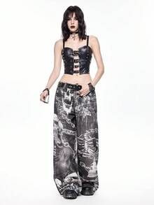 ROMWE Grunge Punk Jeans anchos y sueltos con estampado de cadena de calavera y esqueleto de estilo gótico oscuro - Gris - Ver 7