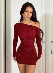 SHEIN PETITE 女款斜肩抓皺迷你緊身洋裝，酒紅色，秋季，70年代風，夜店舞廳派對迪斯可，優雅跨年聖誕茶會，適合嬌小女性 - 酒紅色 - 查看 3