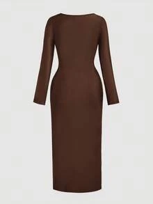 SHEIN MOD Plus Size Brown Elegant Asymmetrical Neckline Ruched Twist Long Dress/Christmas Dress - Brown - View 2