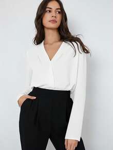 BizChic 春夏新款褶裥纯色衬衫，时尚优雅，适合都市通勤、日常百搭，90年代复古风，圣诞节、新年、情人节派对、海滩度假、毕业典礼、时尚嘉年华、浪漫场合皆宜，适合婚礼宾客、主人、约会、派对、音乐会、早午餐、机场等多种场合。 - 白色 - 查看 3