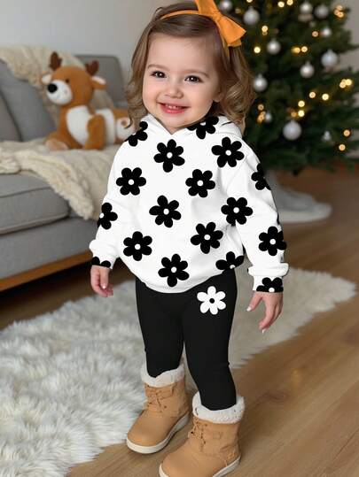 2pcs Baby Girl Casual Cute Mini Floral Print Pullover Sweatshirt Sweatshirt And Loose Pants Set, Black & White Basic Color, Warm, Easy Comfort, Winter Grace, Fall New Style, Chic Autumn, Pre-Fall Girl Outfits, Two Pieces Set, Graphic Print, Floral Pop, Maillard Style, Comfy Pullover Sweatshirt, Vacay Vibes, Vintage, Autumn Set For Kids Campus Chic, Kids Daily Fashion