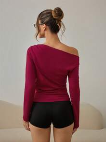 SHEIN Women's Off-Shoulder Base Layer Y2k Sexy Casual Burgundy, Slim Fit Long Sleeve T-Shirt For Daily Wear, Commuting, Home - Burgundy - View 2