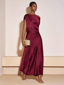 Zivah 2025 Autumn New Music Festival, Easter, St. Patrick's Day, Western, Nomadic, Birthday Party, Graduation Season, College Style, Student Wear, Daily Casual, All-Match Versatile, Leisure, Vacation, Cruise Travel, Beach, Sunbathing, Viral , Streetwear, Wedding Guest Boho, Commute, Brunch, Airport, Party & Holiday Outfits, Asymmetric Shoulder Long Satin Shiny Dress, Purple Dress Maroon Dress Satin Midi Dress Asymmetrical Dress - Burgundy - View 6