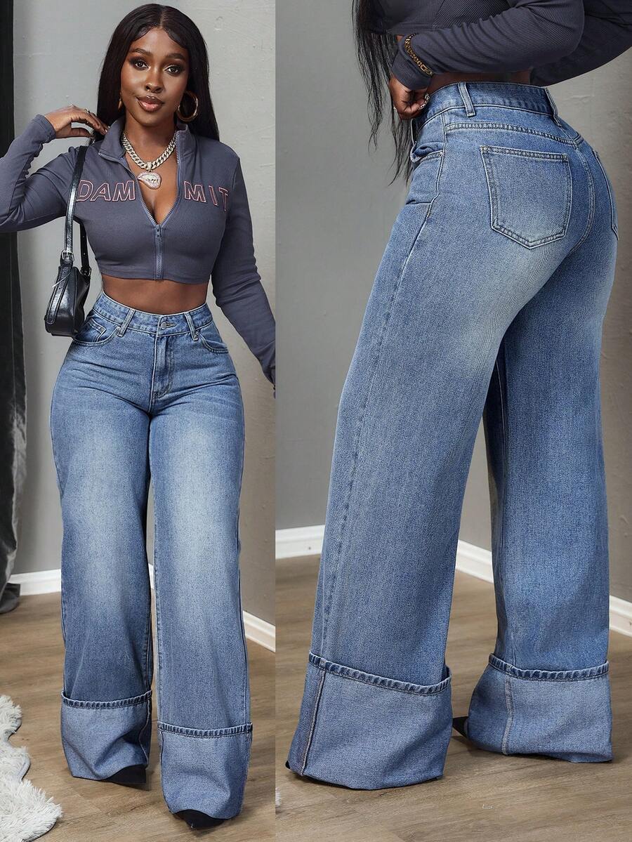 SHEIN PETITE Women's Mid-Rise Straight Loose Fit Casual Jeans - Blue - View 1