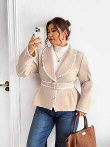 Lounesse 女士大码通勤休闲犬牙撞色披肩领收腰西装外套（秋冬款） - 駝色 - 查看 7