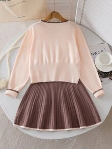 Elladie kids 女童休闲长袖毛衣上衣和裙子套装（2件套），大码 - 杏色 - 查看 2