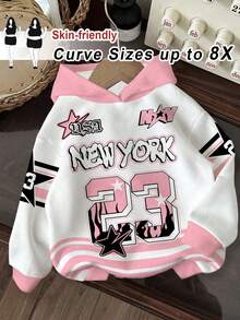 SHEIN CURVE+ 大码休闲简约纽约布鲁克林图案卫衣，宽松长袖女式卫衣，秋冬季穿着 - 彩色 - 查看 1
