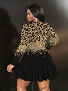 Slaydiva Elegant Black And Gold Leopard Print Plus Size Dress,Autumn Night Out Club Long Sleeve Crew Neck Fitted Dress,New Year's Eve Christmas Party Dress - Multicolor - View 2
