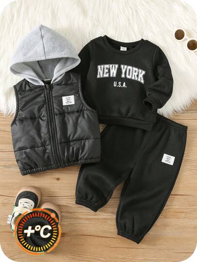 SHEIN 男婴保暖三件套：保暖外套、带帽背心、针织卫衣和运动裤，舒适休闲，适合日常穿着，室内、室外、滑雪、运动、派对、拍照、节日、街头风、运动服、慢跑服、圣诞节、新年等场合。