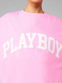 Missguided x Playboy Áo thun họa tiết cỡ lớn cổ tròn tay ngắn mặc thường ngày - Hồng - Xem 3