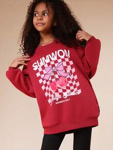 SUMWON Cherry Red Graphic Print Sweatshirt With Checkered Design Pattern And Leggings Co-Ord Set Vacation - Burgundy - View 3