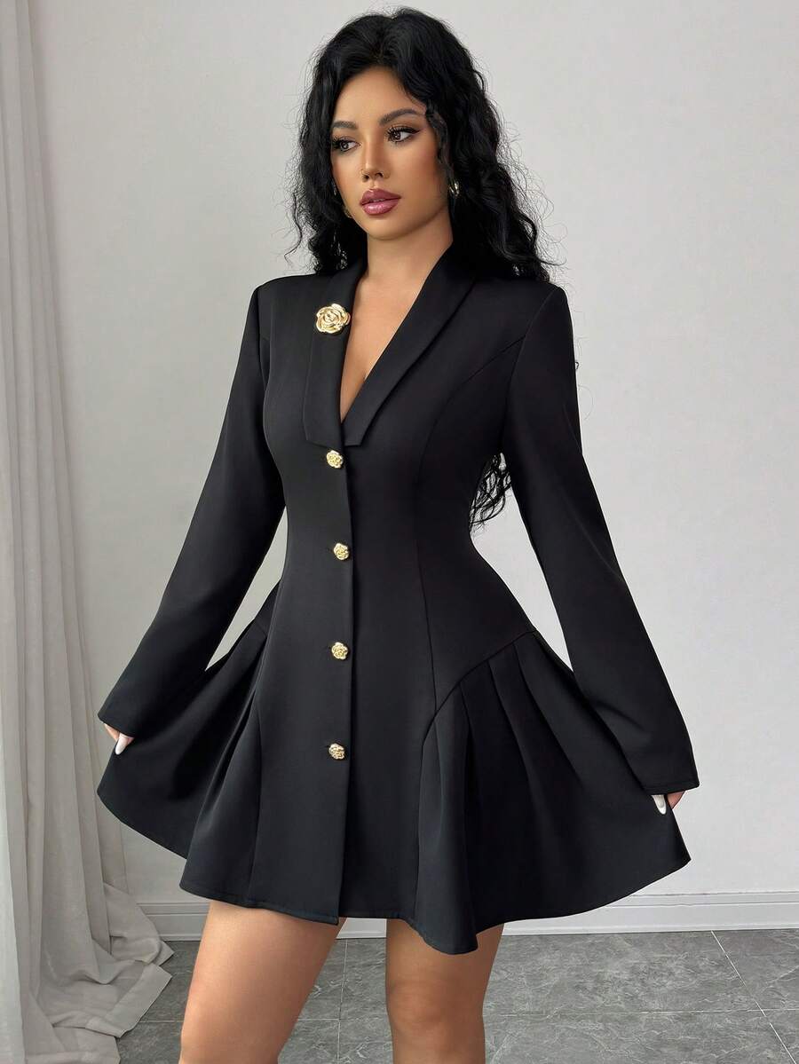 Rafferiza 女士翻领长袖金属花卉单排扣优雅连衣裙 - 黑色 - 查看 1