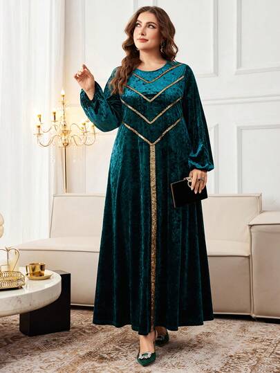 Al Najma Plus Size Women Elegant Velvet Sequin Patchwork Round Neck Long Sleeve Loose Dress, Suitable For Party, Autumn/Winter
