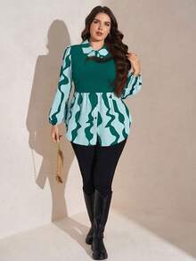 SHEIN LUNE Plus Size Women Printed 2 In 1 Long Sleeve Button Design Casual Top - Teal Blue - View 6