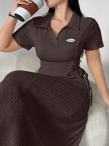 Modelyn 大尺碼 Polo 領紋理面料收腰洋裝 - 咖啡棕 - 查看 8
