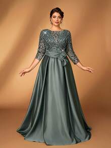 Serin Plus Size Elegant Luxurious Sheer Long Sleeve Embroidered Lace Floral Bubble Pearl + Diamond Bow Flared Dress, Suitable For Wedding, Party, Vacation, Prom, Evening Gown, Mother Of The Bride - Green - View 4