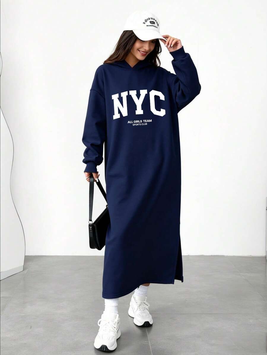 Fashionable Casual New York Letter Graphic Print Hooded Split Design Dress, Versatile Fall Outfit For Teenage Girls - Navy Blue - View 1