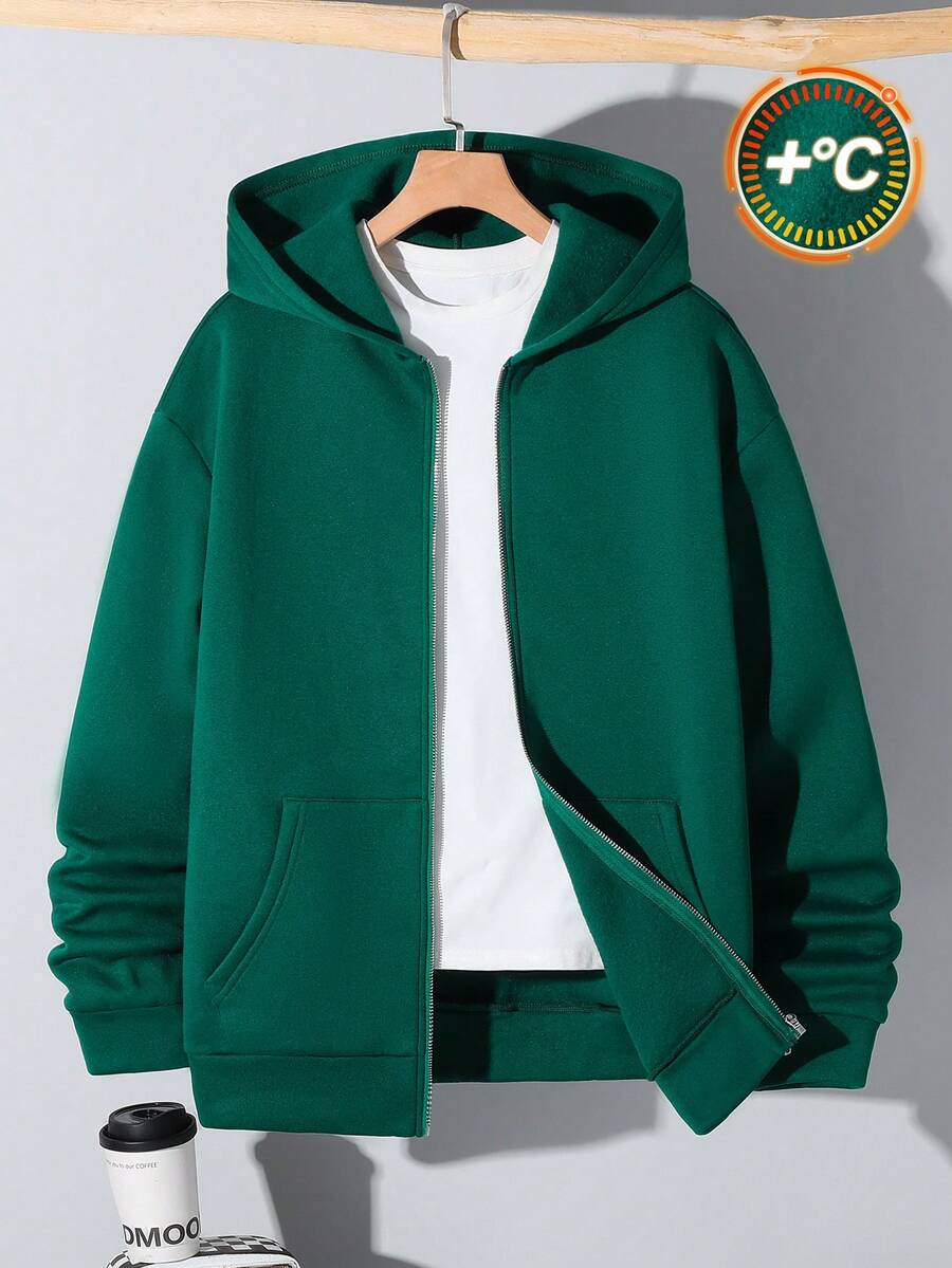 SHEIN 青少年(男童)休闲宽松长袖连帽卫衣 - 墨綠色 - 查看 1