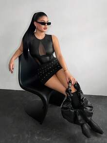 SHEIN SXY Body sexy en maille noire et patchwork de faux