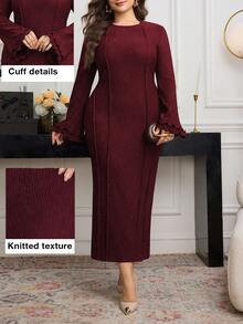 Modelyn Vestido midi ajustado de manga acampanada, cuello redondo y textura de punto de unicolor, para primavera/otoño, talla grande - Burdeos - Ver 1