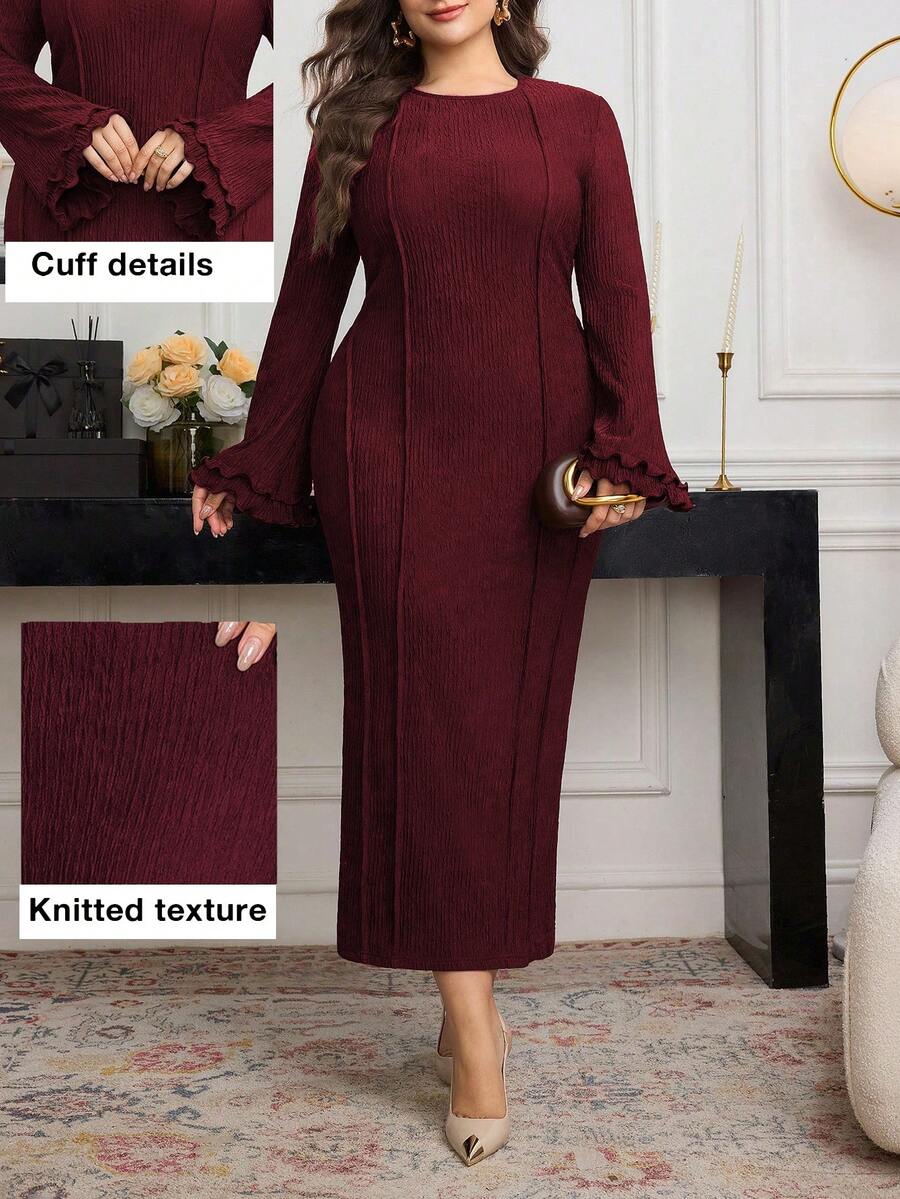 Modelyn Vestido midi ajustado de manga acampanada, cuello redondo y textura de punto de unicolor, para primavera/otoño, talla grande - Burdeos - Ver 1