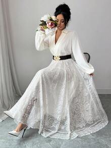 Modelyn Váy ren đen tương phản thời trang dành cho nữ - Màu be - Xem 1