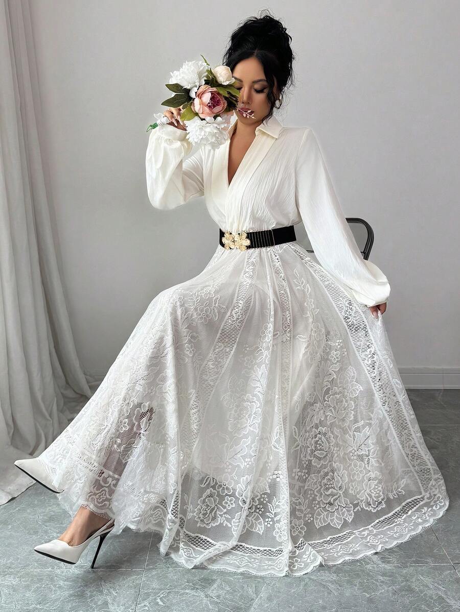 Modelyn Váy ren đen tương phản thời trang dành cho nữ - Màu be - Xem 1