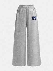 Girlism 2 件套青少年女童字母印花 T 恤和裤子，休闲日常时尚装扮，青少年两件套裤子套装，女童罗纹套装，女童裤子和上衣，喇叭裤套装，儿童女童阔腿裤套装 - 淺灰色 - 查看 5