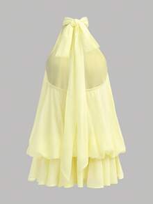 SHEIN Elegant Party Solid Color Backless Halter Neck Dress For Teen Girls - Yellow - View 2