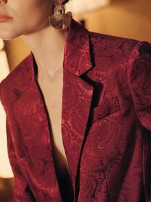 Anewsta 女士腰果色提花翻领长袖单排扣优雅西装外套 - 酒紅色 - 查看 1