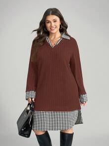 SHEIN LUNE Vestido casual holgado de manga larga a cuadros y de punto elástico en talla grande 2 en 1 - Café integral - Ver 7