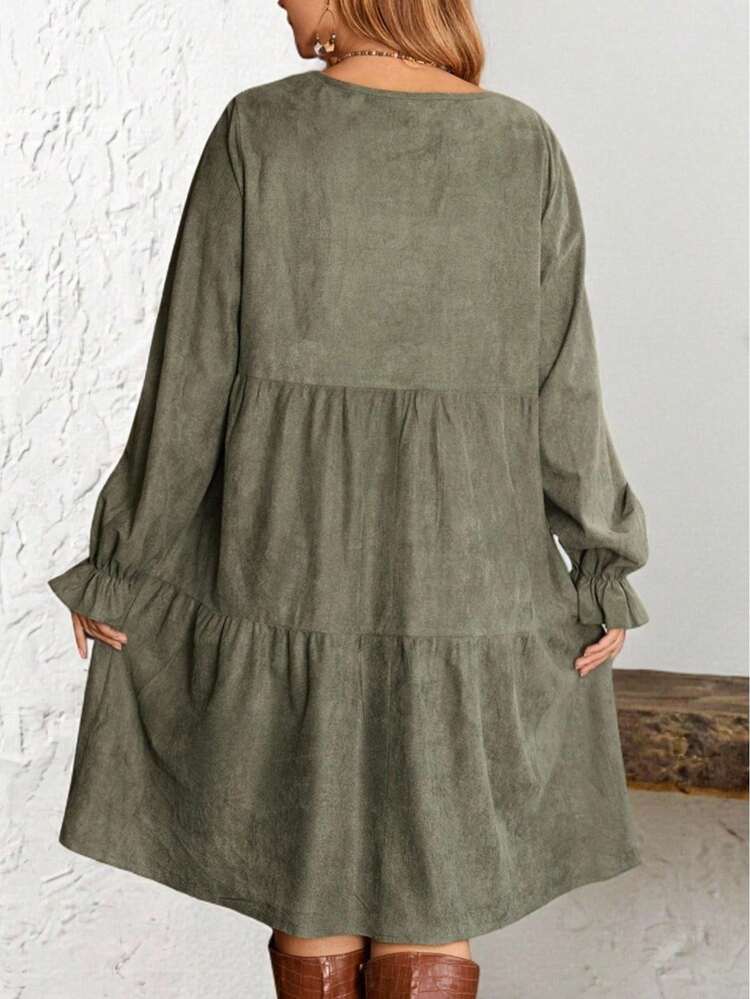 Plus Size Green Color Long Sleeve Casual Dress, Autumn/Winter,2025 New, Thanksgiving, Thanksgiving Outfit For Women