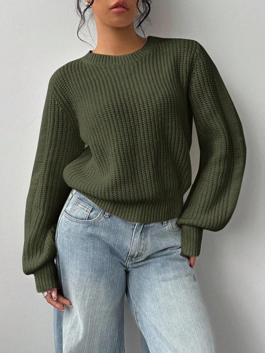 SHEIN BASICS 女款純色圓領長袖休閒寬鬆針織毛衣,秋冬季 - 軍綠色 - 查看 1