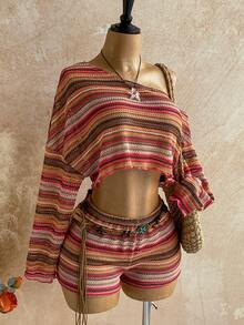 Soleia Holiday 2pcs Women Striped Asymmetrical Shoulder Long Sleeve Top And Shorts Set