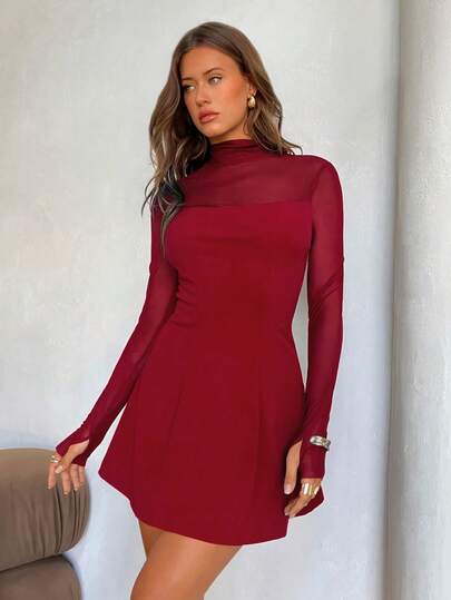 Aloruh Women's Elegant Mock Neck Fitted Sheer Waist A-Line Mini Dress, Burgundy