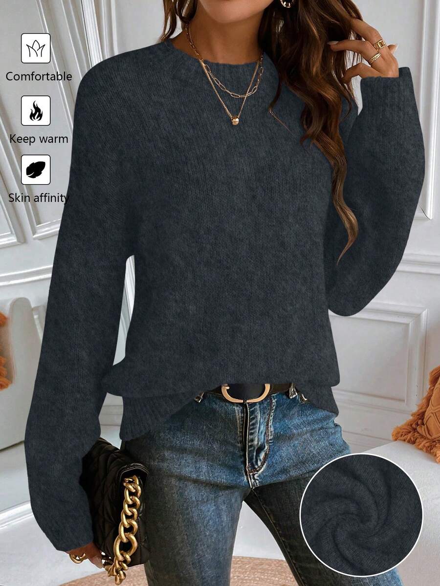 SHEIN LUNE Sweater Leher Bulat Abu-abu Tebal Premium untuk Wanita - Dark Grey - View 1