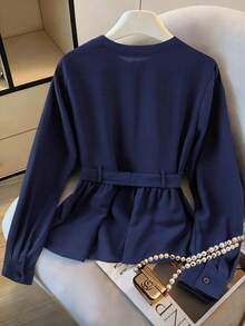 GlowEve CURVE Plus Size Women's Solid Color Round Neck Button Down Waist Tie Bow Blouse, Elegant Casual Everyday Shirt - Blue - View 2