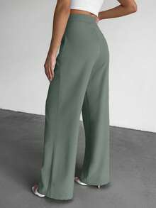 SHEIN Cottnline Petite Size Women's Solid Color High Waist Pleated Straight Leg Casual Pants - Mint Green - View 2