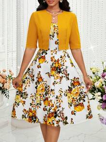 SHEIN Lady 春夏浪漫亮色轻熟气质优雅长裙短外套两件套 - 黃色 - 查看 3