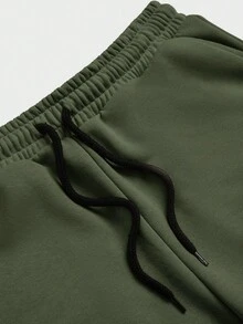SHEIN Cottnline Men's Solid Color Drawstring Waist Side Pockets Jogger Pants With Elastic Cuffs - Dark Green - View 3