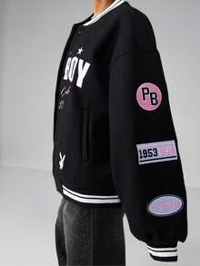 Missguided x Playboy Oversized Graphic Varsity Bomber Jacket With Patches And Ribbed Trim For Winter - Black - View 6