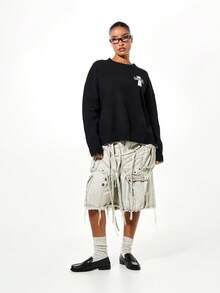SUMWON WOMEN Oversized Crew Neck Knit Sweater With Cross Graphic Design For Fall Winter Casual Wear - Black - View 5