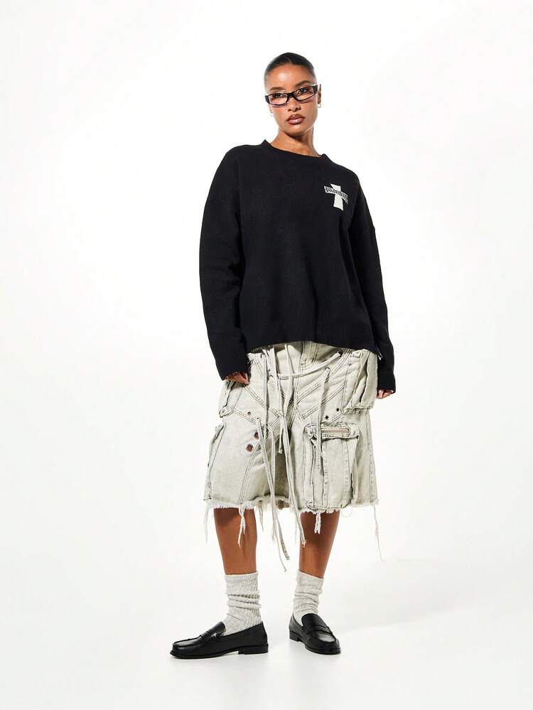 SUMWON WOMEN Oversized Cross Graphic Crew Neck Sweater