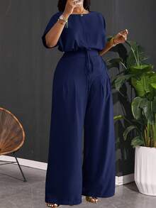 Slaydiva Women Plus Size 2 Pieces Set Navy Blue Summer Casual Work Elegant Drawstring Hem Cropped Top And Wide Leg Pocket Pants,Commute Party Club Outdoor - Navy Blue - View 2