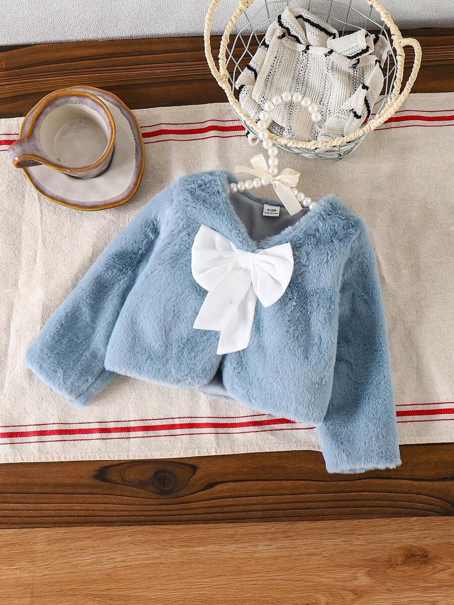 SHEIN Áo khoác tay dài nhung lông nơ trắng dễ thương cho bé gái mùa thu/đông thoải mái - Màu xanh lam - Xem 1
