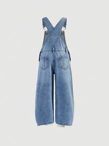 Young Girl Y2K Washed Blue Denim Bib Overalls,Fall Clothes,Winter Clothing ,Casual And Fashionable Vacation Outfits,Street Wear,2000s Style ,Christmas - Light Wash - View 4