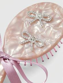 ROMWE Kawaii Mini Handheld Cushion Hair Brush With Shiny Rhinestone Bow Print, Massage Scalp Detangling Comb - Light purple gray - View 3