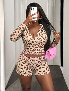 INAWLY 2pcs Plus Size Set: Leopard Print Shorts And Long Sleeve Top Fall Cloth For Women - Multicolor - View 1