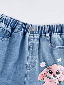 2pcs/Set Tween Girls Back-To-School Pink Winter Casual School Outfit,Stitch&Rabbit Printed Sweatshirt&Wide-Leg Jeans,Soft College Style Spring Set - Pink - View 4