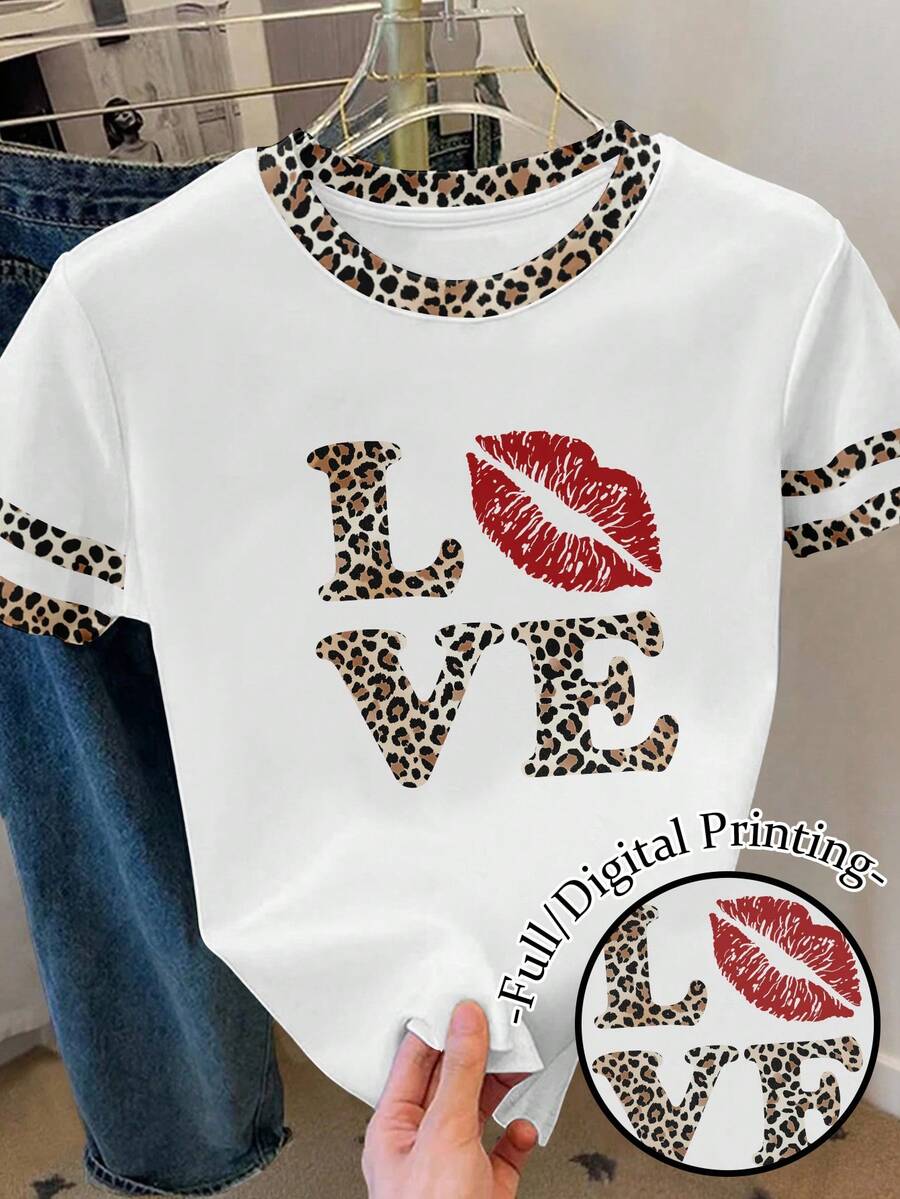 Áo thun cổ tròn họa tiết da báo Love Lip dành cho nữ, rộng rãi, tương phản, màu sắc tương phản, thích hợp làm quà tặng ngày lễ tình nhân - Nhiều màu - Xem 1